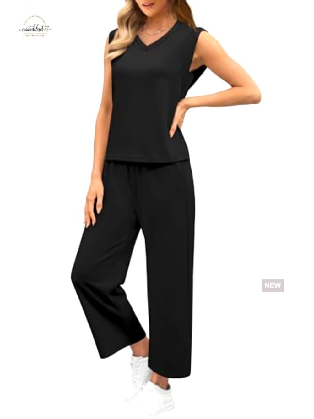 Two Piece Set V-Neck Top Wide Leg Pants Lightweight Stretch Business Casual - Picture 3 of 7